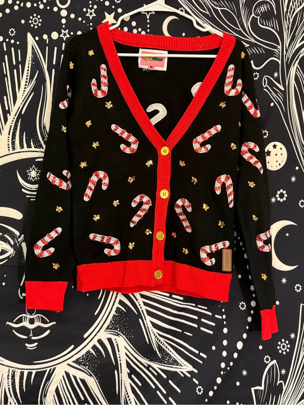 Tipsy Elves Black Cardigan with Red Trim and Candy Cane ❤️🤍❤️🤍